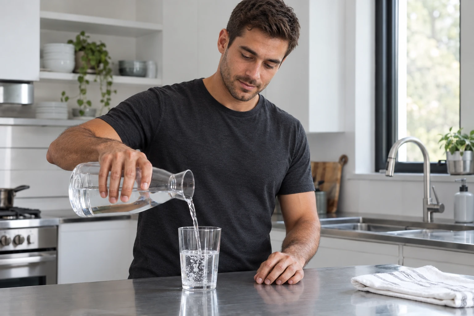 An adult pouring water into a glass at home