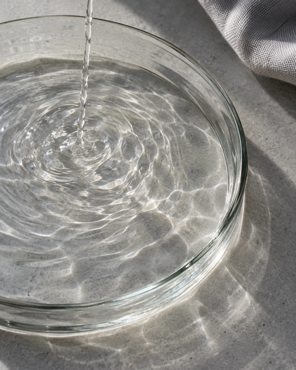 Water-light material study with a fine stream and soft ripples in shallow clear glass