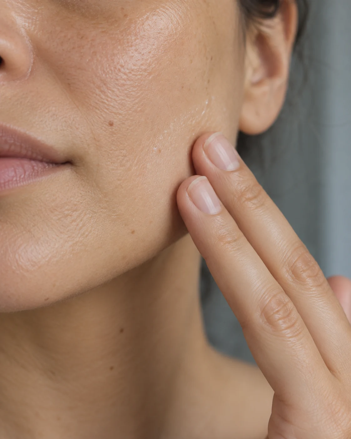 Close application detail of fingertips gently smoothing skincare along an adult woman's cheek