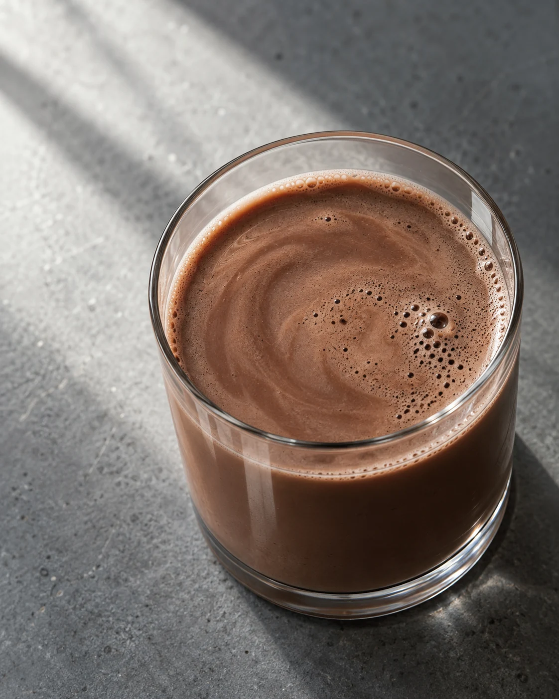 Top view of a chocolate-colored drink in a glass with a subtle swirl and small natural bubbles