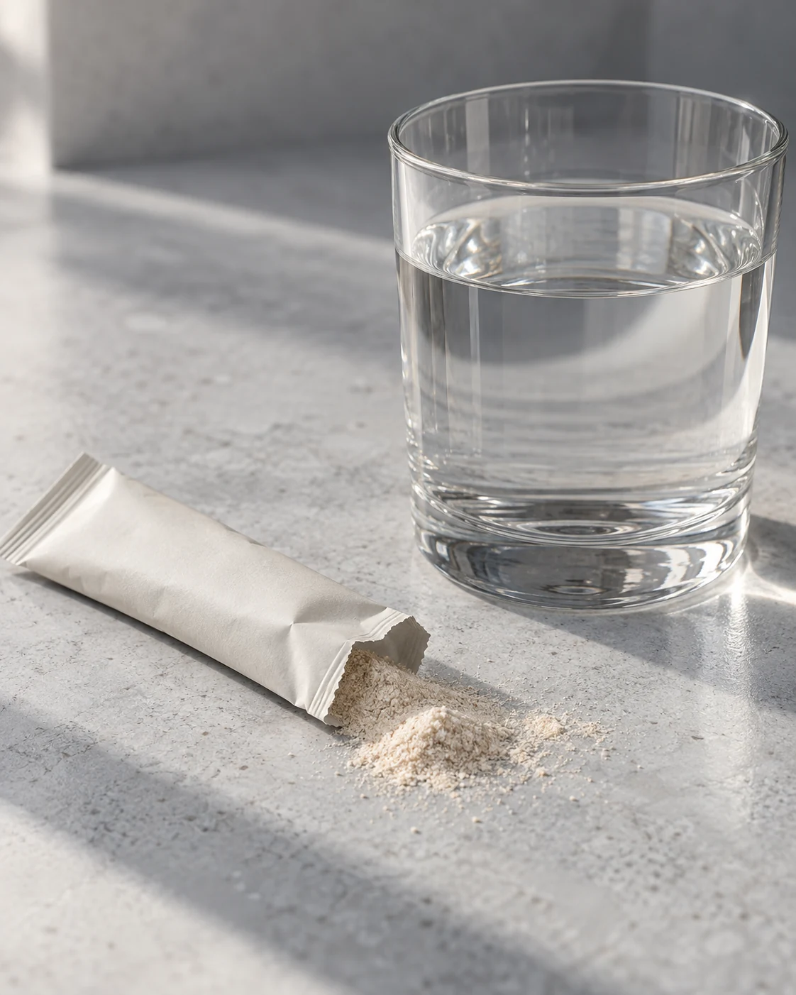 An open plain sachet beside a clear glass of water on a blue-gray surface