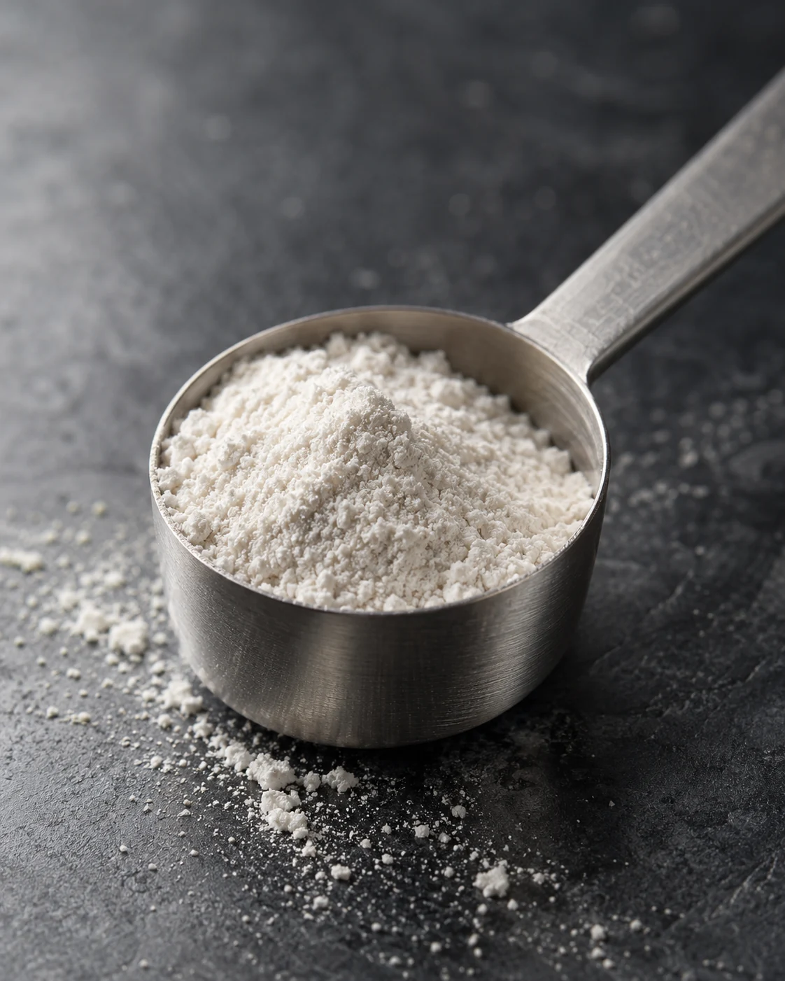 Fine white powder in a brushed stainless-steel scoop on a cool charcoal surface