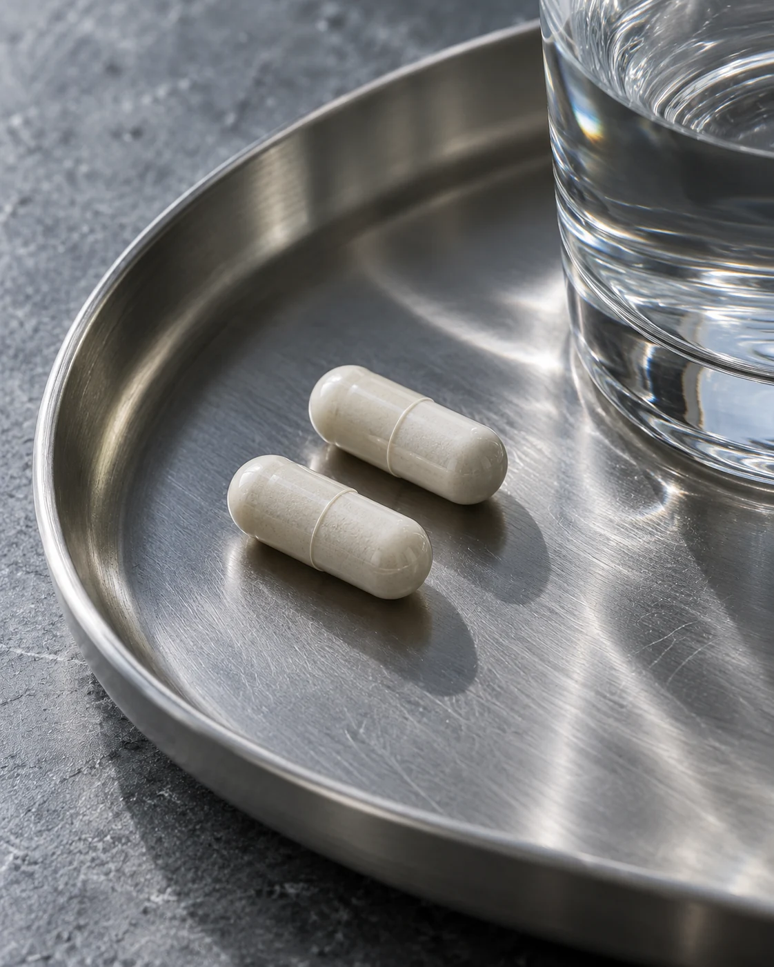 Two ivory capsules on a brushed steel tray beside the cropped edge of a water glass