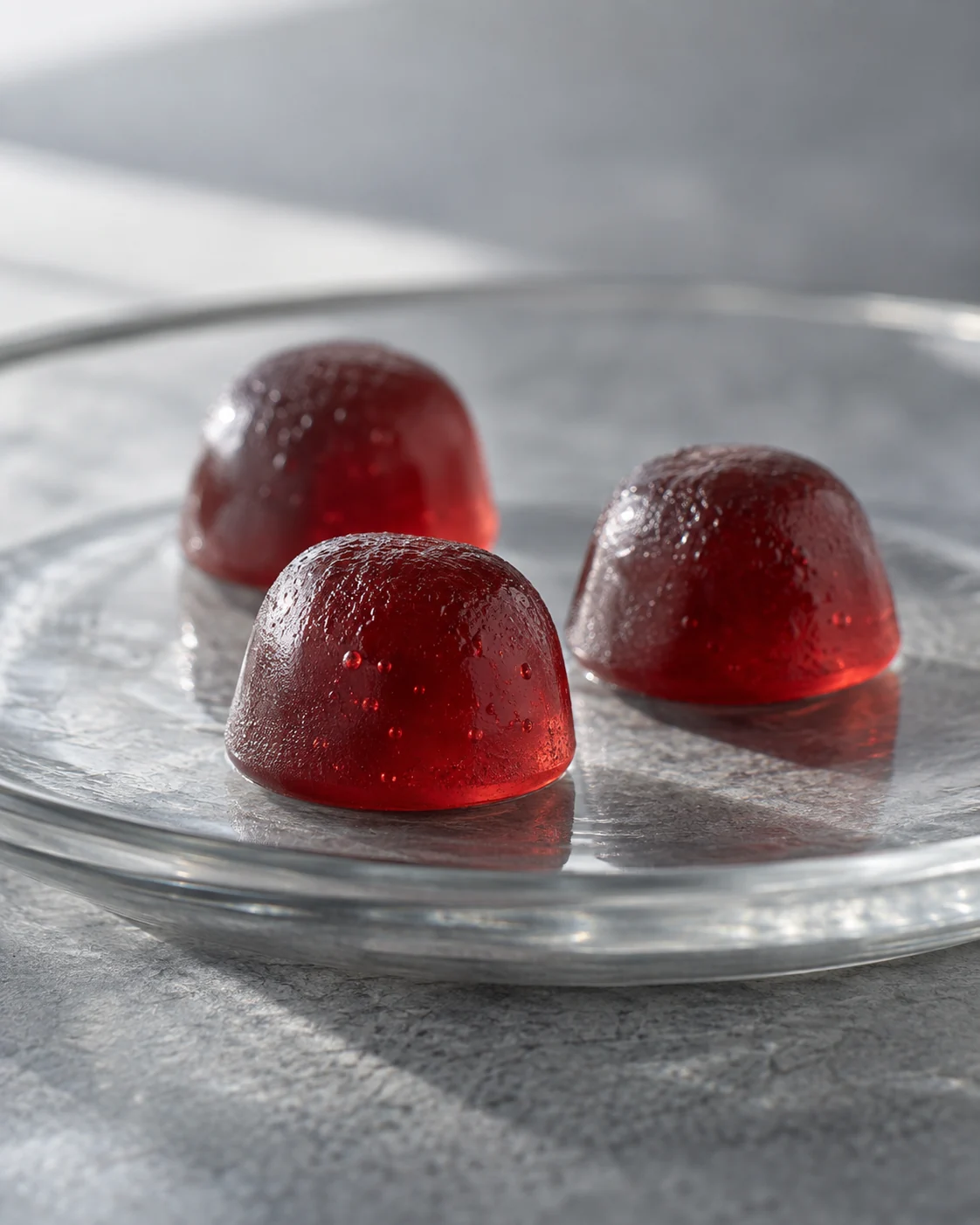 Ruby-red translucent dome-shaped gummies with natural surface detail on a cool gray glass plate